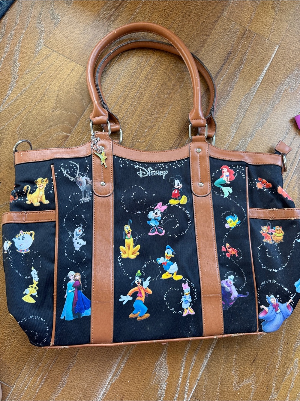 Disney Black Tote Bag with Brown Trim and Classic Character Prints